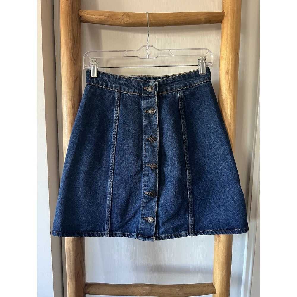 Topshop Women's Blue Solid Denim A-Line Button Front Mini Skirt Size 26